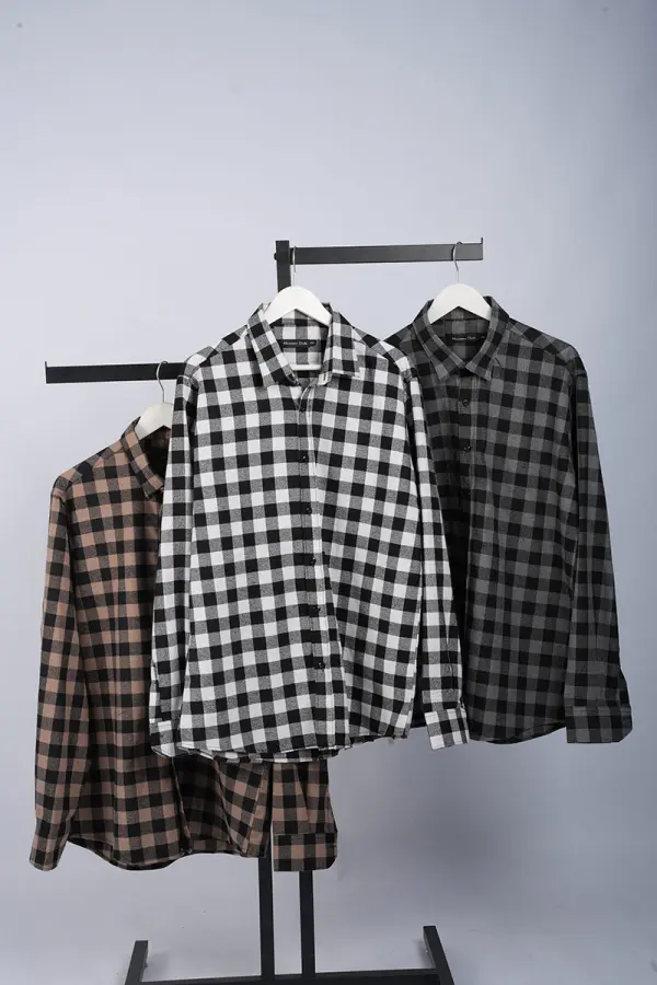 Pack de 3 Chemises Massimo Dutti En Flanelle À Carreaux À Manches Longues Ref-FL3535M ( Blanche + Gris + Beige )